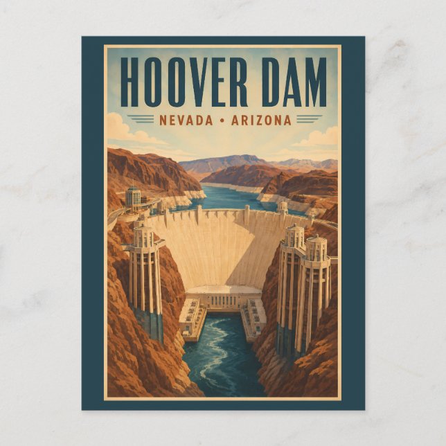 Hoover Dam Kraftverksillustration Resa Konst Vykort (Framsida)