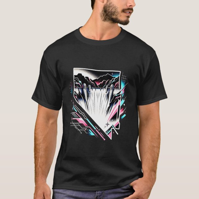 Hoover Dam Nevada Aesthetic 80s Art Vivid Blue T Shirt (Framsida)