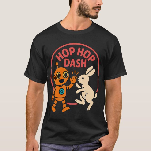 Hop Hop Dash – Cute Orange Robot and White Rabbit T Shirt (Framsida)