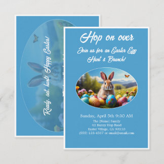 Hop on Over Egg Hunt Brunch Easter Rabbit blue -  Inbjudningar