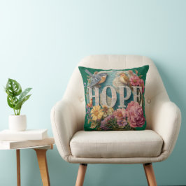 Hope Blommigt Typography with Birds and Botanical Kudde