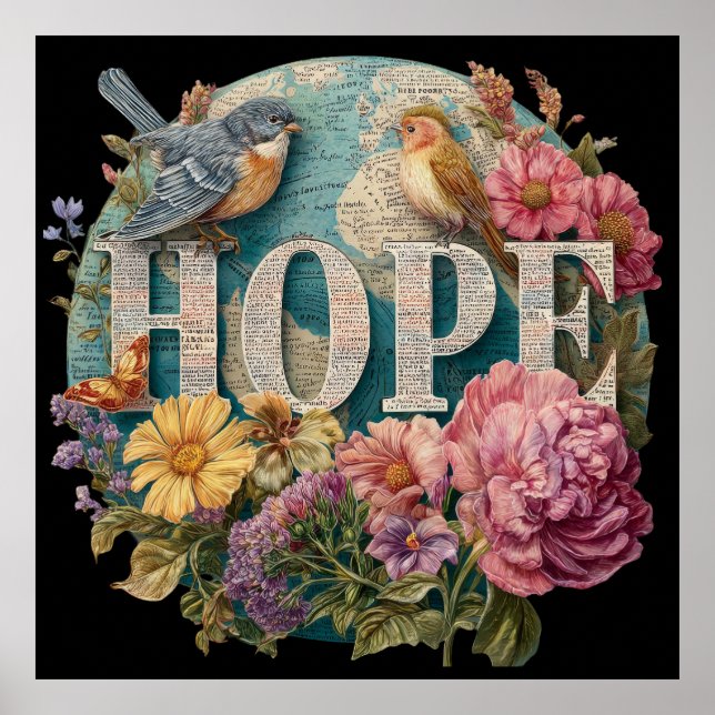 Hope Blommigt Typography with Birds and Botanical Poster (Framsidan)