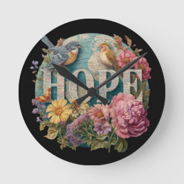 Hope Blommigt Typography with Birds and Botanical Rund Klocka