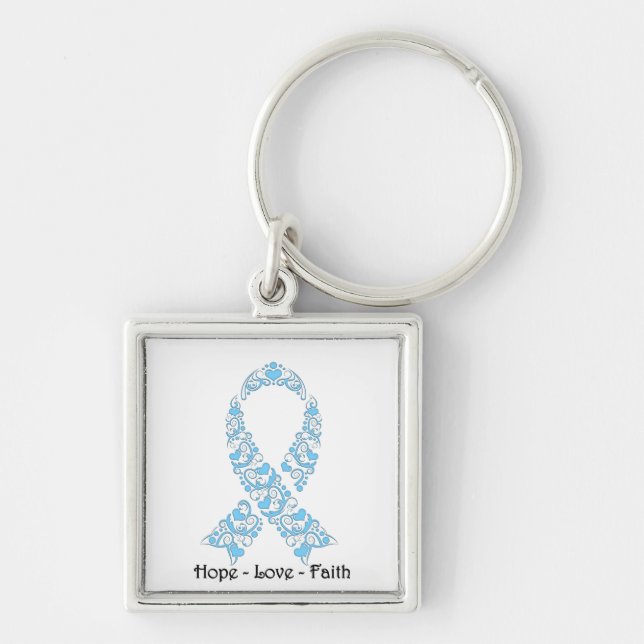 Hope Light Blue Awareness Ribbon Fyrkantig Silverfärgad Nyckelring (Framsidan)