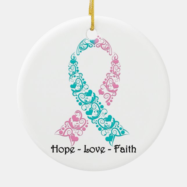 Hope Teal and Rosa Awareness Ribbon Julgransprydnad Keramik (Baksidan)