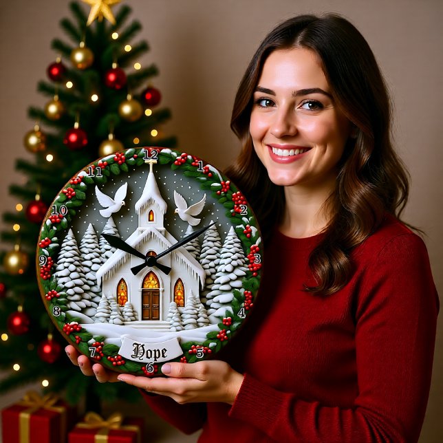 Hope White Church Snow Doves Stor Klocka (Skapare uppladdad)