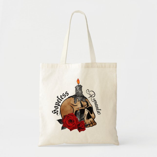 Hopless Romantic - Gothic Skull, Röd ros Tygkasse (Framsidan)