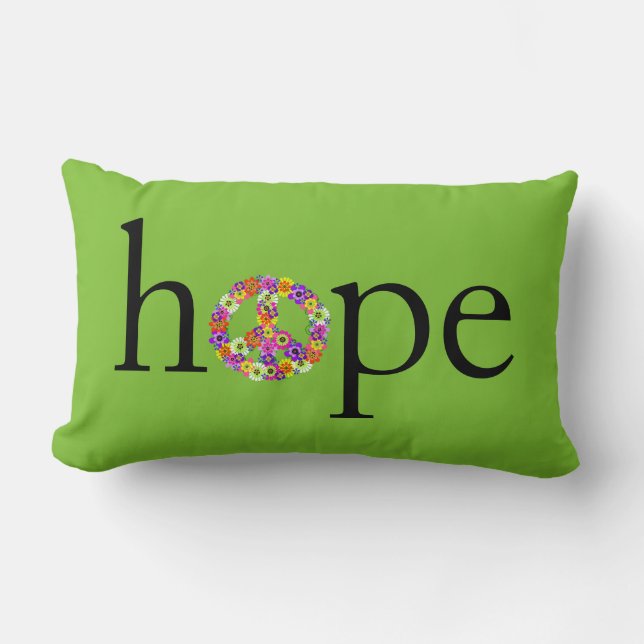 Hopp och Fredstecken Blommigt om Lime Green Lumbarkudde (Framsida)