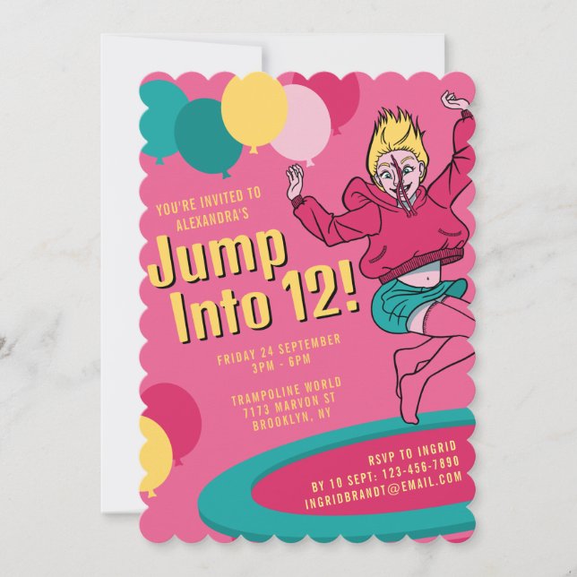 Hoppa in i 12 Cute Trampoline Girl 13:e födelsedag Inbjudningar (Framsida)