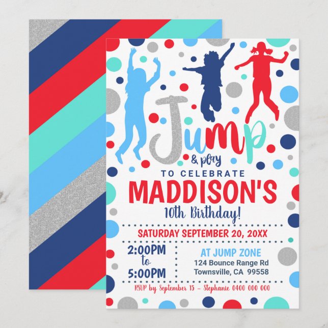 Hoppa in på födelsedagsinbjudan Flickjumpsjump Tra Inbjudningar (Fram/baksida)