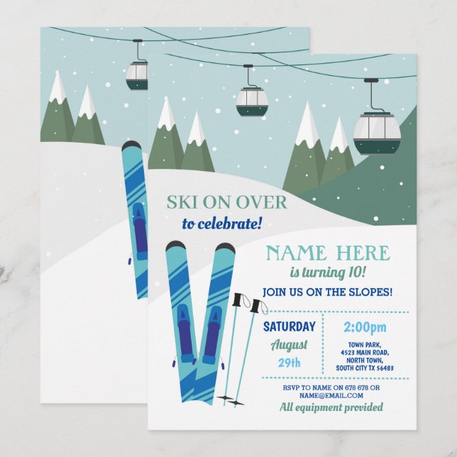 Hoppa över Födelsedagsfest Slopes Ski Snowboard Sn Inbjudningar (Fram/baksida)