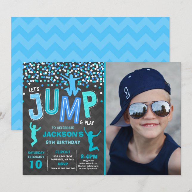 Hoppa över födelsedagsinbjudan Hoppade Trampoline  Inbjudningar (Fram/baksida)