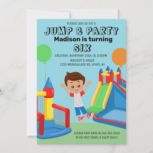 Hoppa Studsa Party Studshus Pojkar Födelsedag Inbjudningar (Framsida)