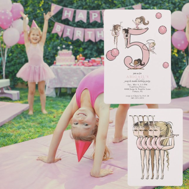 Hoppa & Tumbling Gymnastik 5-års födelsedagsfest Inbjudningar (Skapare uppladdad)
