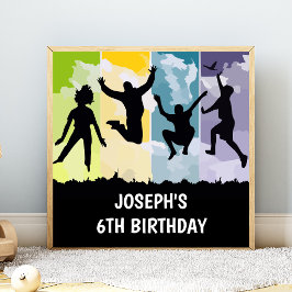 Hoppande Barn Trampolin Födelsedagsfest Banner Poster