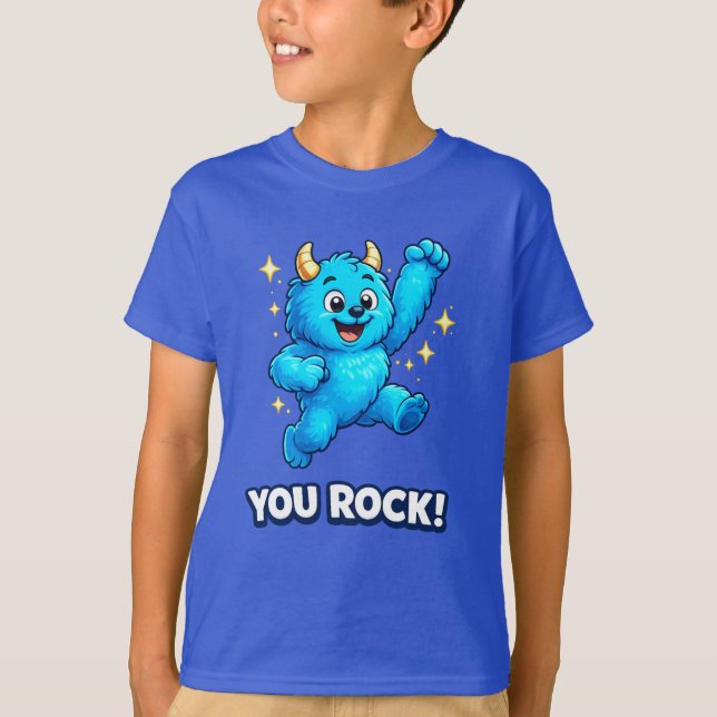 Hoppande Blått Monster Du Är Superstjärna T Shirt (Framsida)