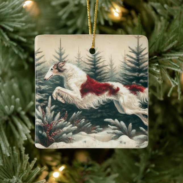 Hoppande Borzoi-julgransprydnad Julgransprydnad Keramik (Träd)