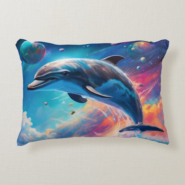 Hoppande delfin, fantasi, planeter  prydnadskudde (Framsidan)