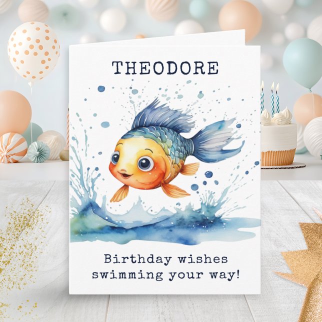 Hoppande Fisk Färgglad Barnkalas Personlig Kort (A personalized birthday card for kids, with picture of a cute jumping fish in a watercolor style)