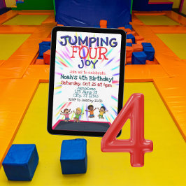 Hoppande FYRA Glädje, Trampolin 4-års födelsedag Inbjudningar