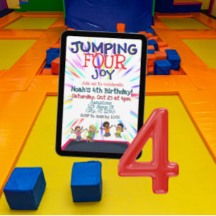Hoppande FYRA Glädje, Trampolin 4-års födelsedag Inbjudningar