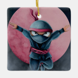 Hoppande Ninja Röd Måne Julgransprydnad Keramik