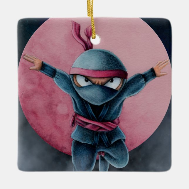 Hoppande Ninja Röd Måne Julgransprydnad Keramik (Framsida)