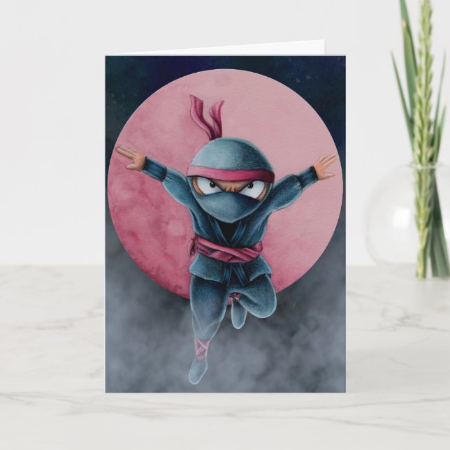 Hoppande Ninja Röda Månen Födelsedag  Kort (Framsida)