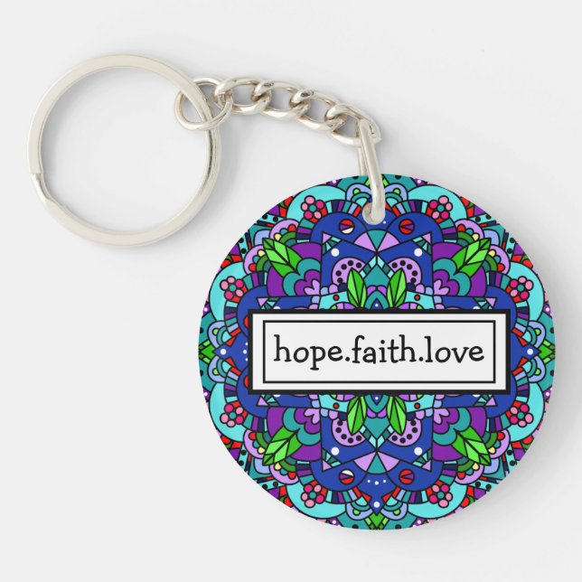 Hoppet. Faith. Kärlek Lila och Blue Mandala Keycha (Framsidan)