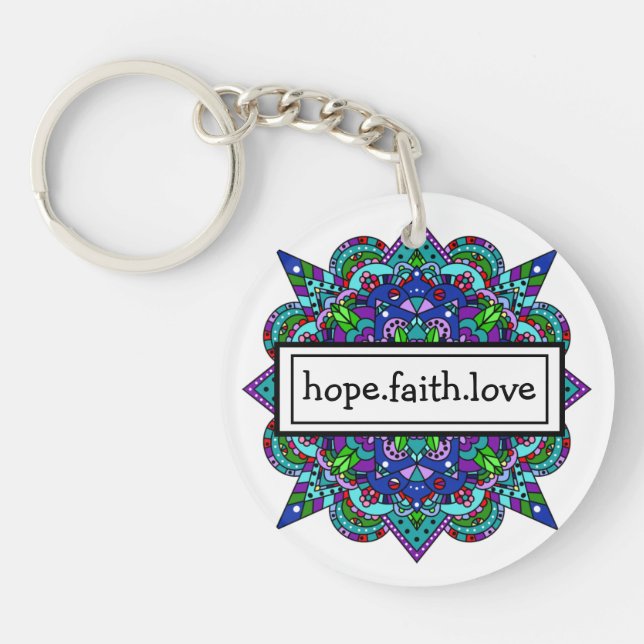 Hoppet. Faith. Kärlek Lila och Blue Mandala Keycha (Framsidan)