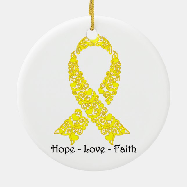 Hoppet Gult Awareness Ribbon Julgransprydnad Keramik (Baksidan)
