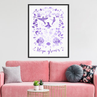 Hoppet växer - Lavender Linocut Bird Inspirational Canvastryck