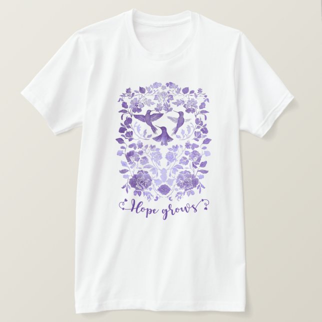 Hoppet växer - Lavender Linocut Bird Inspirational T Shirt (Design framsida)
