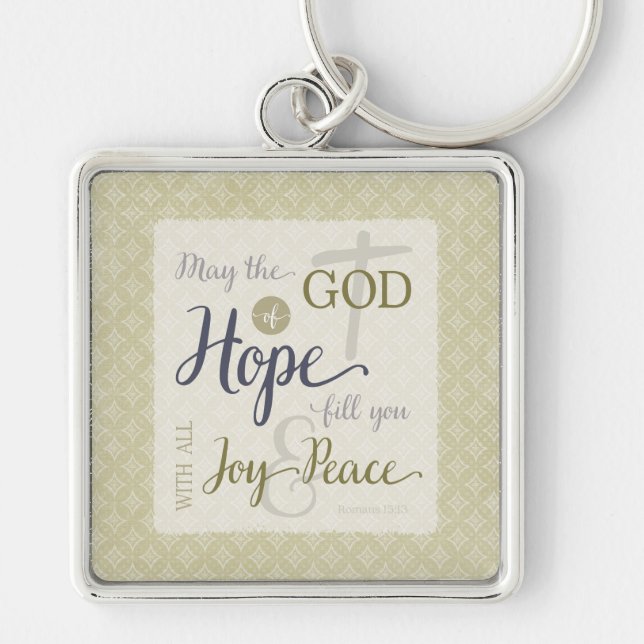 Hoppets gud fyller dig med Joy & Peace Fyrkantig Silverfärgad Nyckelring (Framsidan)