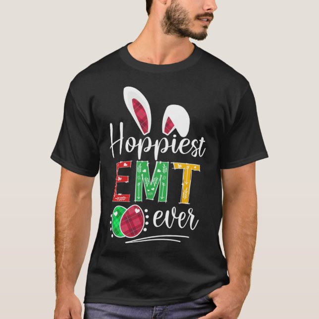 Hoppiest EMT Ever Bunny Ears Buffalo Plaid Easter T Shirt (Framsida)