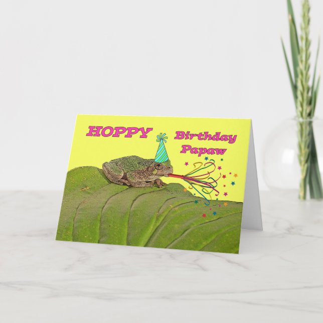 Hoppy Birthday för Papaw, Party Frog med Hat Kort (Framsida)