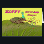 Hoppy Birthday for Sister, Frog Födelsedagsfest Hälsningskort<br><div class="desc">Ljus och färglös födelsedagskort för en syster. Kortet har ett naturtema för en groda på ett stort Hosta löv. Digital inslag som läggs till på festscenen är en party-hatt och ett parti-favoriserar-horn med tagningsströmmar och stjärnor i olika färg. Art,  bild och versell copyright © Shoaff Ballanger Studios.</div>
