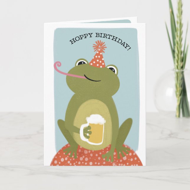 Hoppy Birthday Frog & Beer Punny Birthday Card Kort (Framsida)