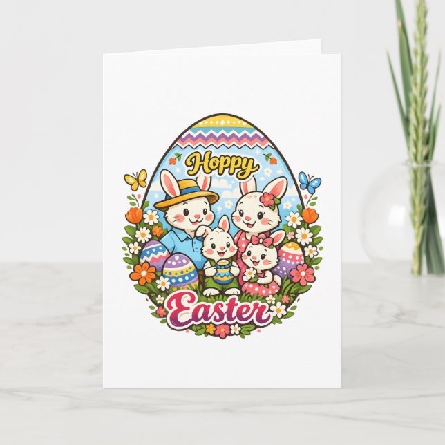 Hoppy Easter Colorful Cartoon Bunny Family Graphic Helgkort (Framsida)