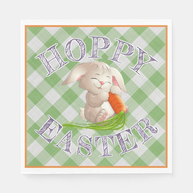 Hoppy Glad påsk Bunny Grönt Gingham Mönster Pappersservett (Framsidan)