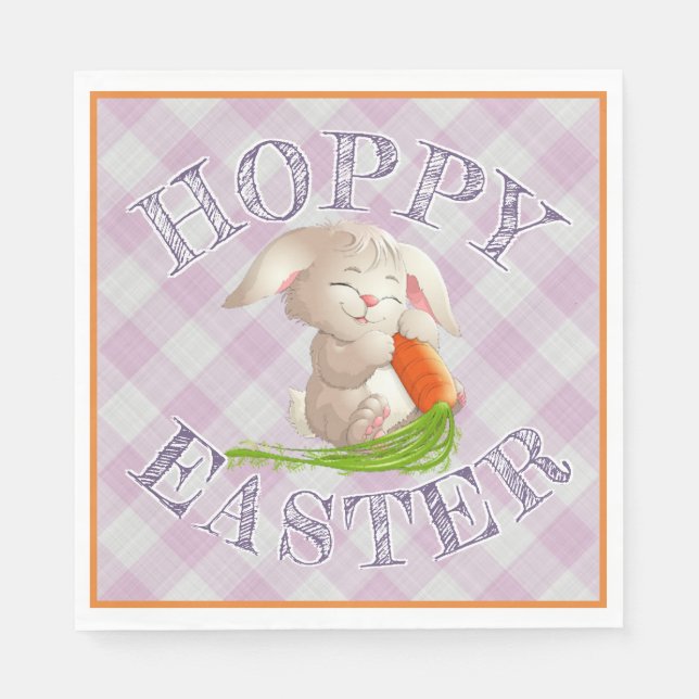 Hoppy Glad påsk Bunny Rosa Gingham Mönster Pappersservett (Framsidan)