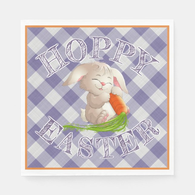 Hoppy Glad påsk Bunny Violet Gingham Mönster Pappersservett (Framsidan)