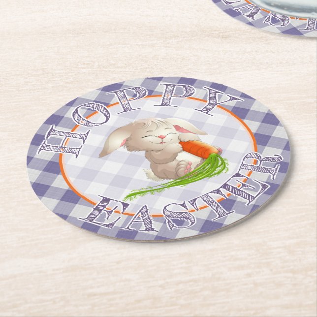 Hoppy Glad påsk Bunny Violet Gingham Mönster Underlägg Papper Rund (Vinklad)