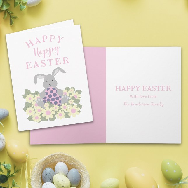 Hoppy Glad påsk Cute Bunny Blommigt Helgkort (Personalized happy hoppy Easter cute bunny daisy spring floral pink folded holiday card)