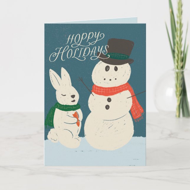 Hoppy Helgdagars Bunny & Snögubbe Greeting Card Kort (Framsida)
