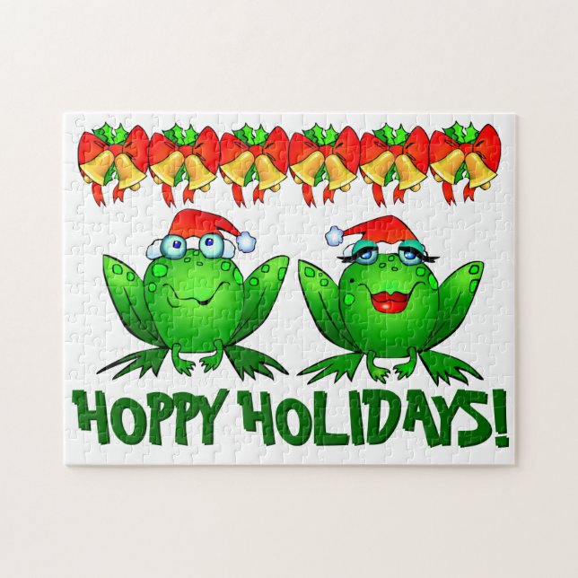 Hoppy Helgdagars Tecknad jul Frogs Klockor Bows Pussel (Horisontell)