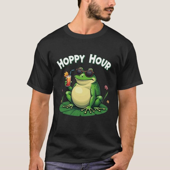 Hoppy Hour - Lustigt Frog Drinking T Shirt (Framsida)