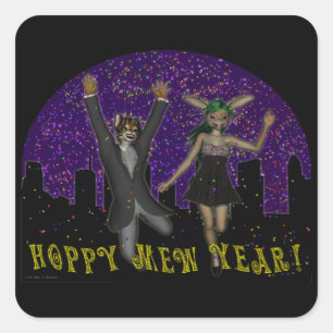 Hoppy Mew Year Square-fästare Fyrkantigt Klistermärke
