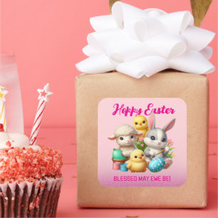Hoppy Påsk Cute Bunny Chick Lamb Painting Eggs Fyrkantigt Klistermärke