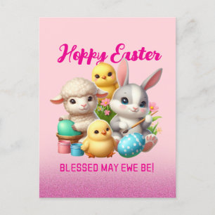 Hoppy Påsk Cute Bunny Chick Lamb Painting Eggs Helg Vykort